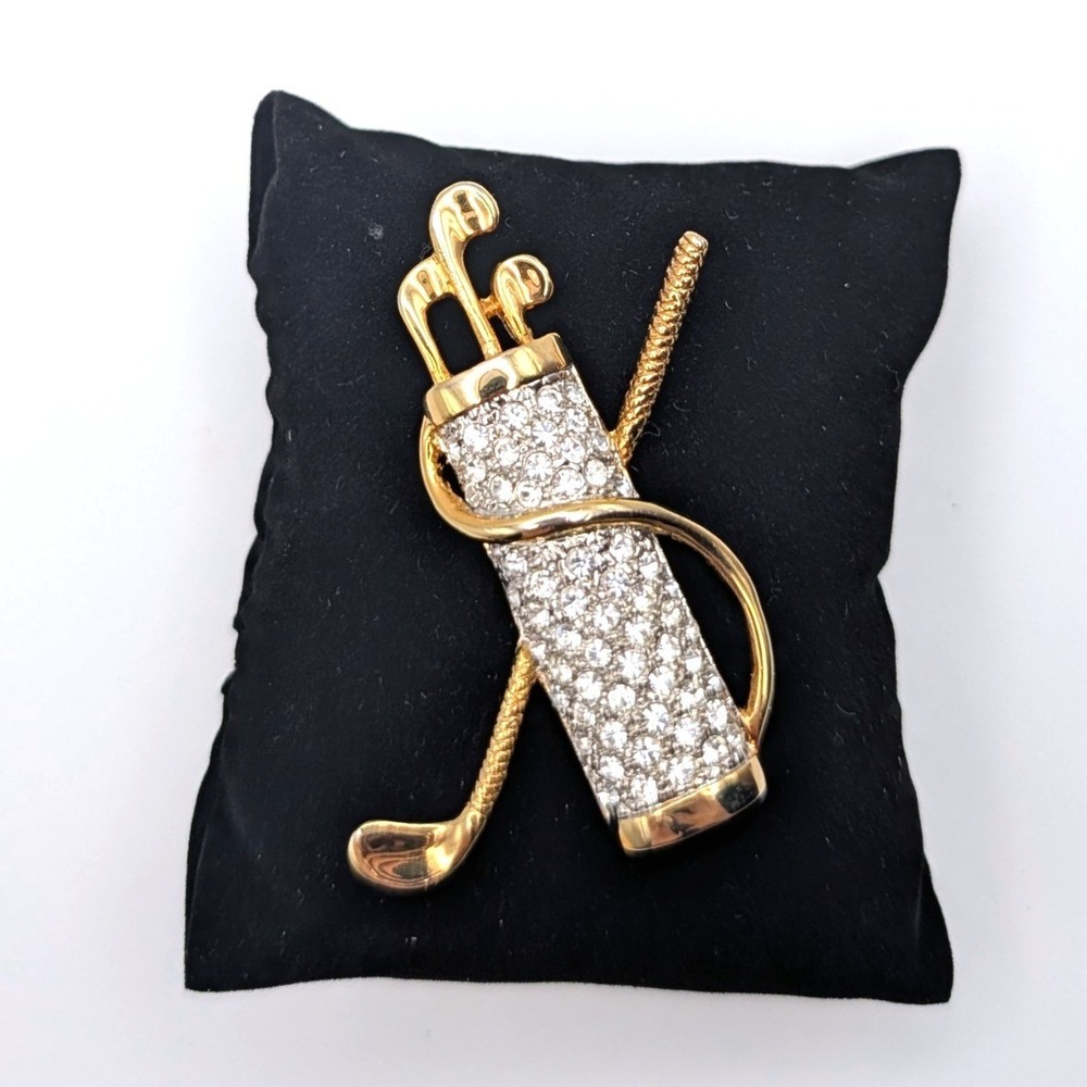 Golf Bag Brooch Gold Tone Rhinestone Pavé Glam Sports Novelty Pin 2.5"
